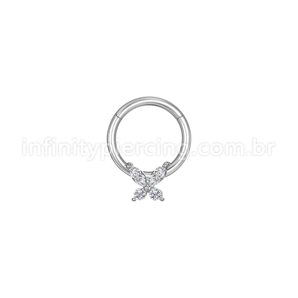 Piercing Argola Aço Cirúrgico Segmento Articulado Borboleta Zircônia Cravejada